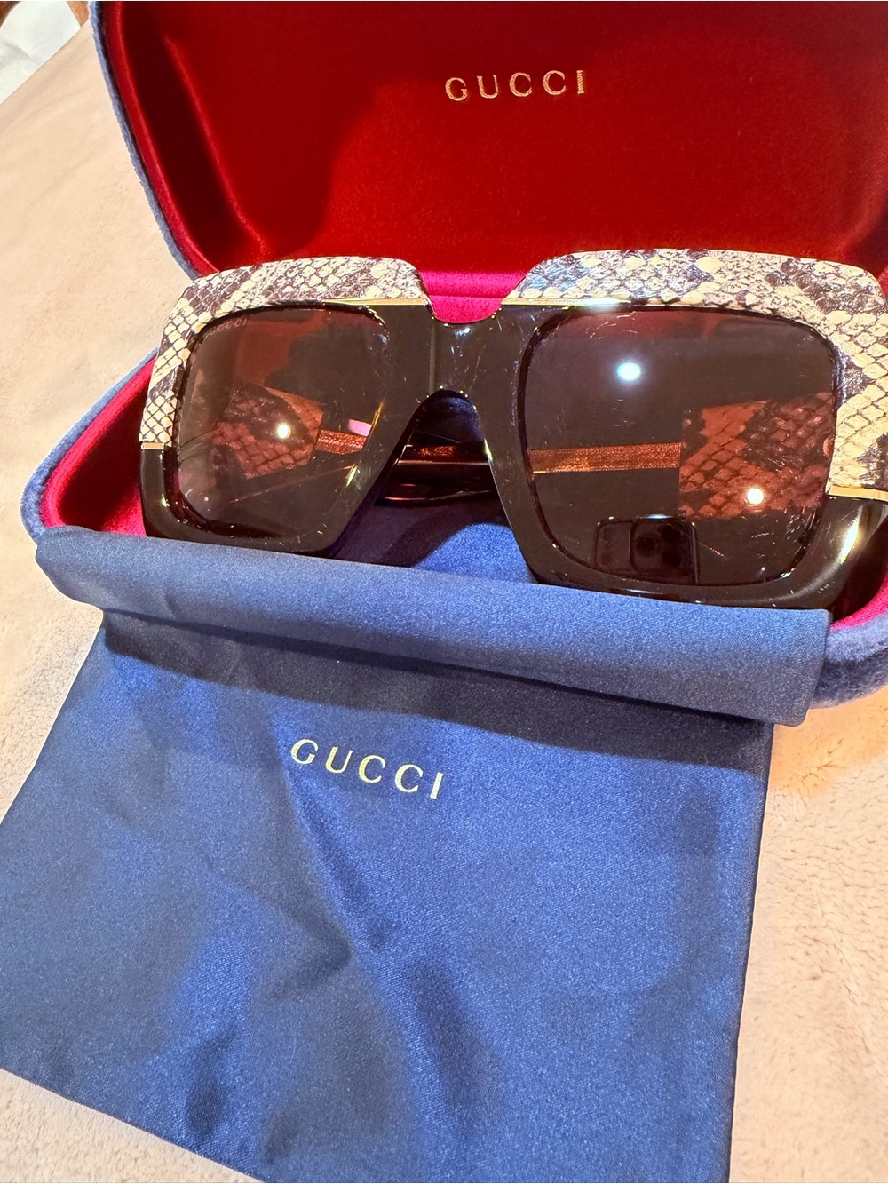 Gucci Women’s Brown/Tortoise Sunglasses with Snakeskin Trim
